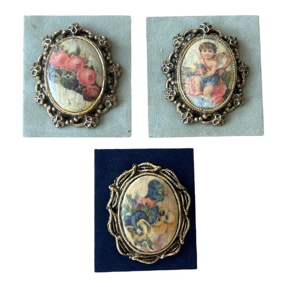Handcrafted By GG Jewelry - 3x Vintage Brooch Pin Necklace Gold Tone Oval Floral Cherub Handcrafted By GG